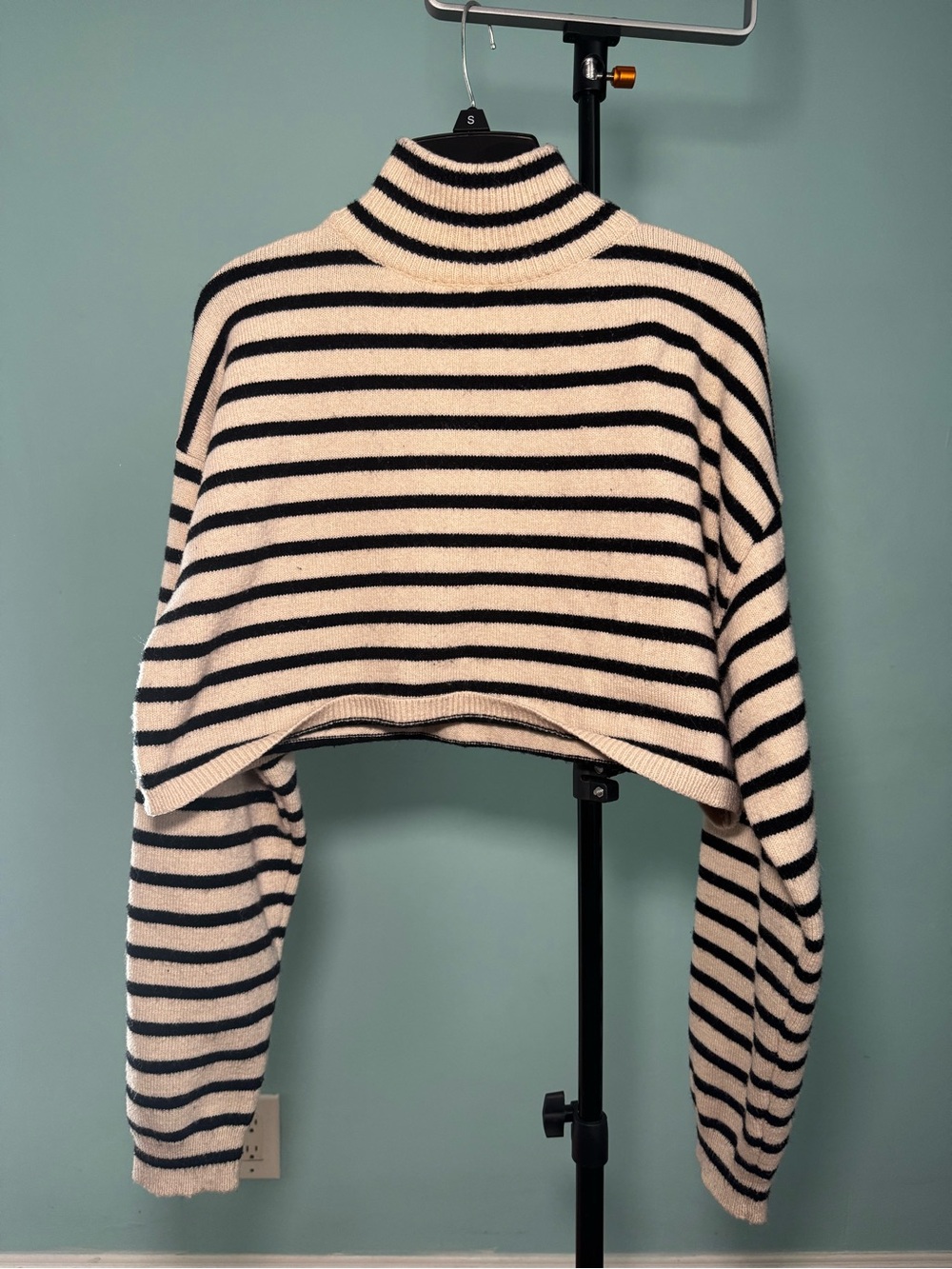 Cider Cream and Black Striped Cropped Turtleneck Sweater - Picture 2 of 7